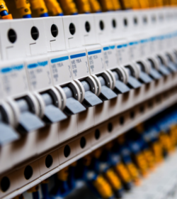 Spannungsschalttafel mit Leistungsschaltern. Elektrischer Hintergrund (C) Shutterstock, Roman Zaiets